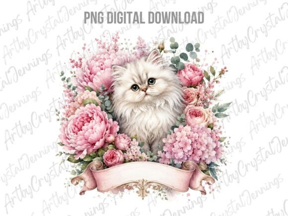 Download Cute Pink Floral Kitten Clipart PNG - Ink Collection